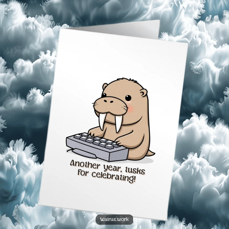 Funny Free Printable Walrus Birthday Card: A walrus comically typing on a keyboard using its tusks, perfect for a tech lover.