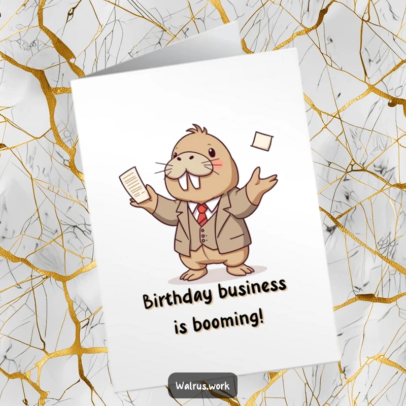 Funny Free Printable Birthday Card: A walrus in a tiny suit impressively juggles many papers, wishing a happy birthday.