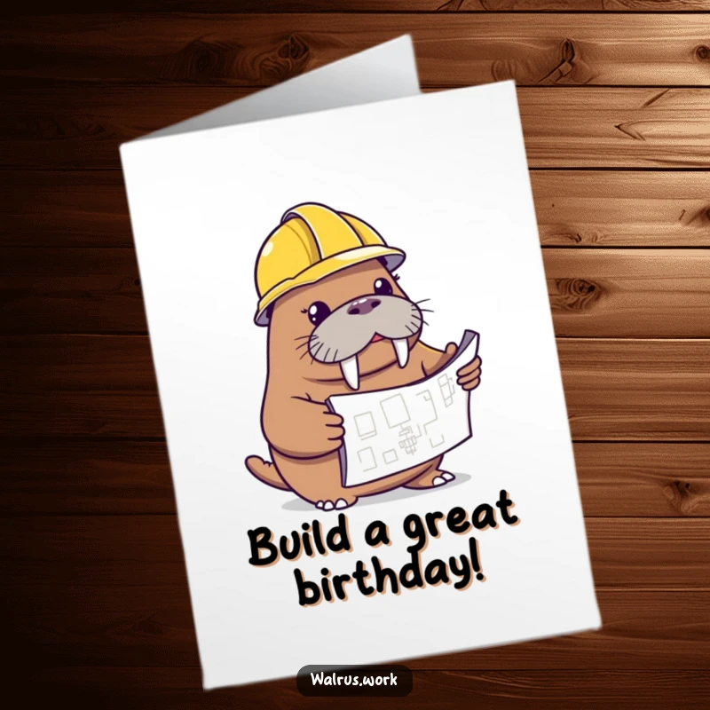 Funny Free Printable Birthday Card: Walrus in a hard hat curiously examines a blueprint, ready for a birthday project.