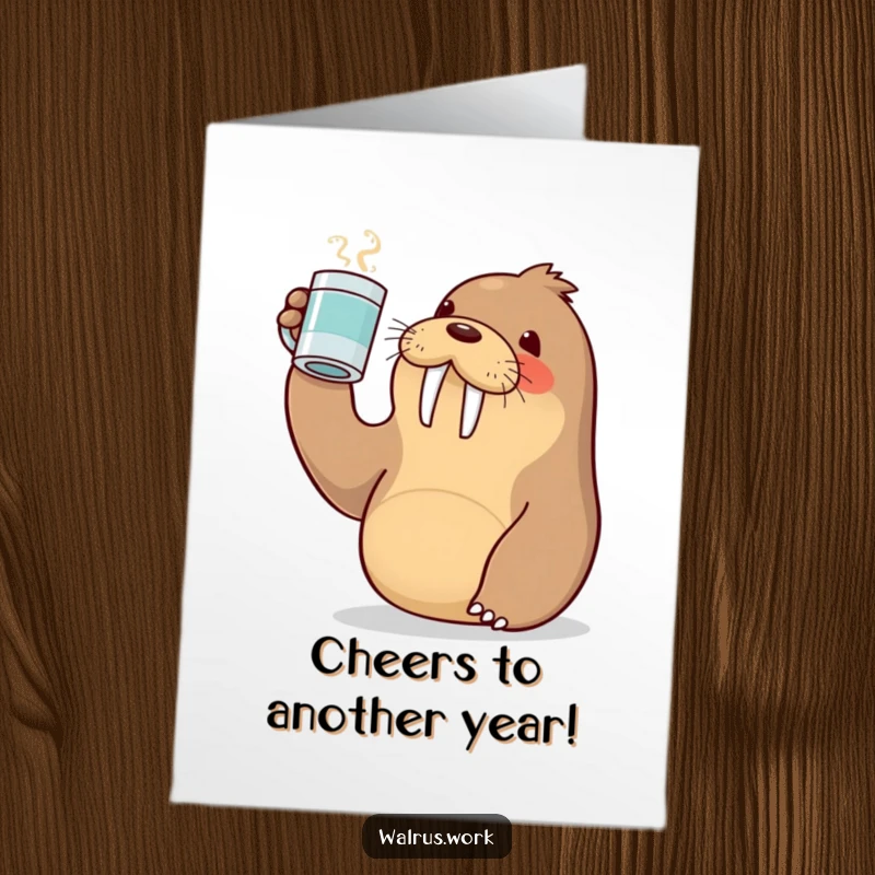 Funny Free Printable Birthday Card: A kawaii walrus enthusiastically raises a coffee mug, making a birthday toast with a smile.