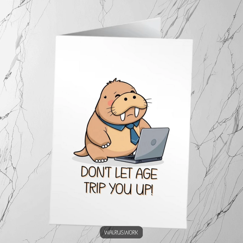 Funny Free Printable Birthday Card: A flustered walrus in a tiny business tie trips over a laptop, perfect for boss birthday wishes.