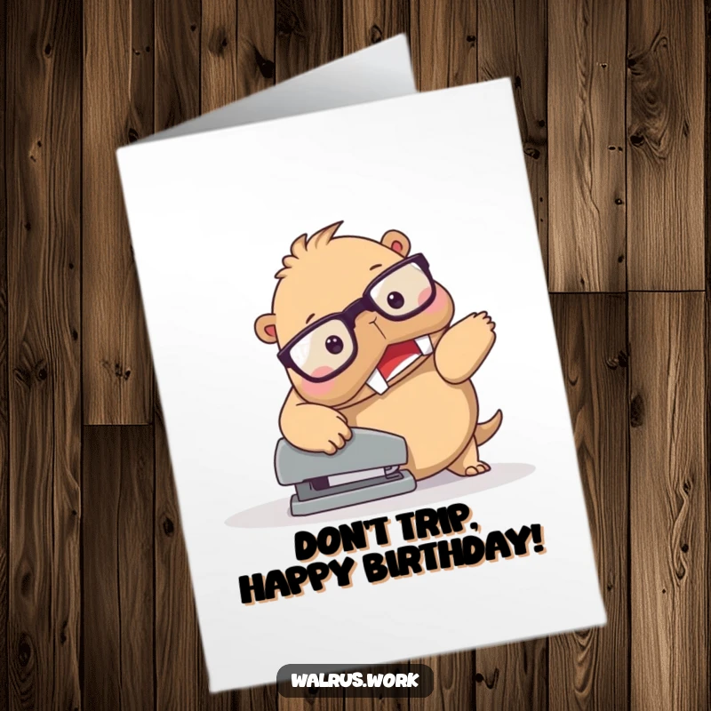 Funny Free Printable walrus wearing spectacles tripping over a stapler, a comical birthday wish.