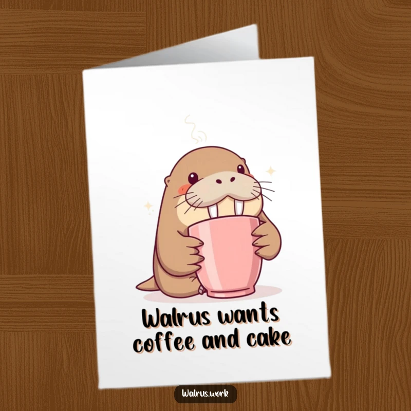 Funny free printable birthday card: a walrus sniffing a steaming coffee mug with a look of pure curiosity and delight.