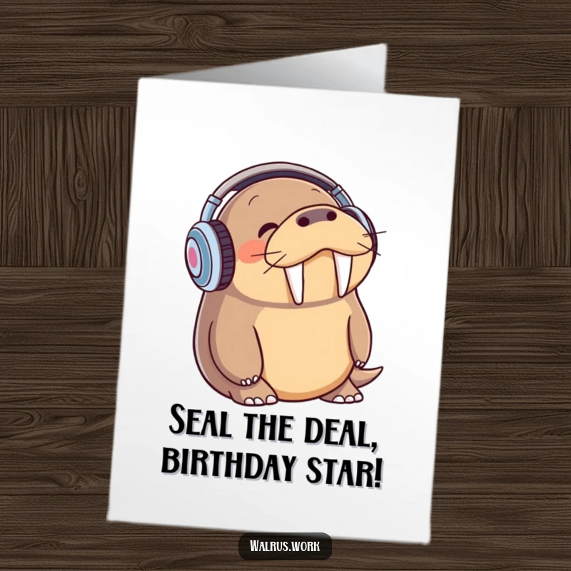 Funny Free Printable Birthday Card: Walrus wearing headphones, bopping head to music, joyful and energetic.