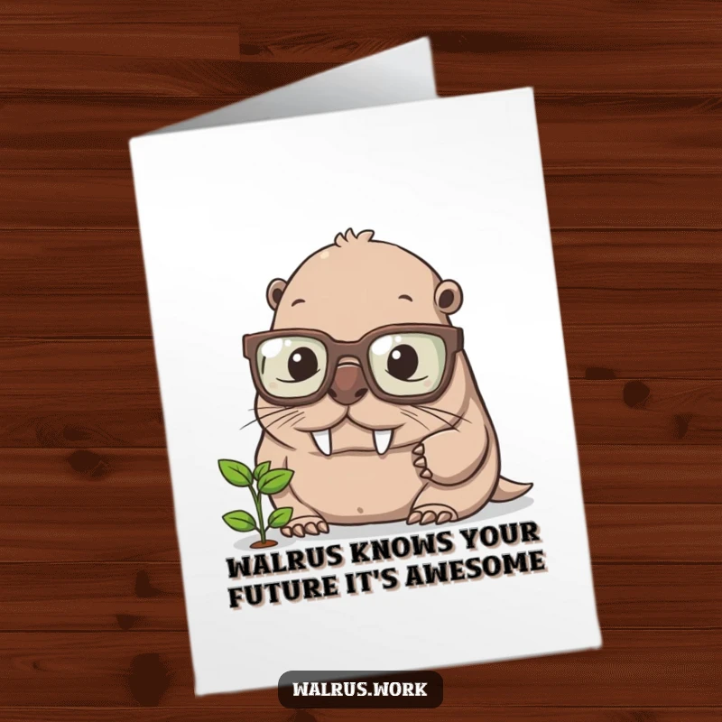 Funny Free Printable Birthday Card: Walrus in big glasses squints at tiny sprout, a geeky and cute downloadable gift.