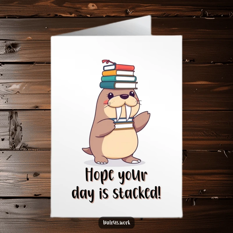 Funny Free Printable Birthday Card: Playful walrus balancing a teetering tower of office supplies on its flippers.