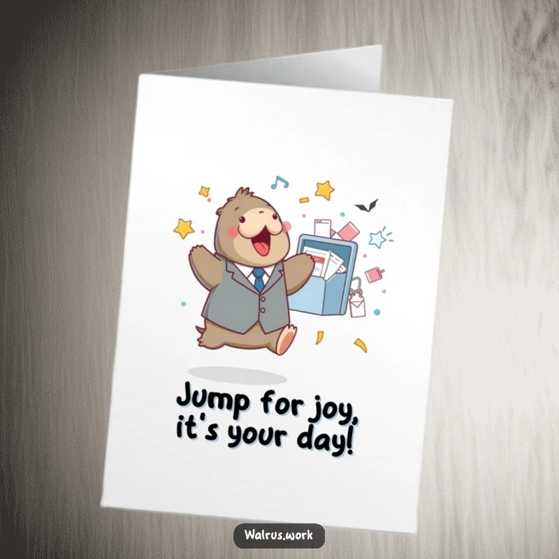 Funny Free Printable Birthday Card: Walrus in a tiny suit doing a happy jump near an overflowing inbox.