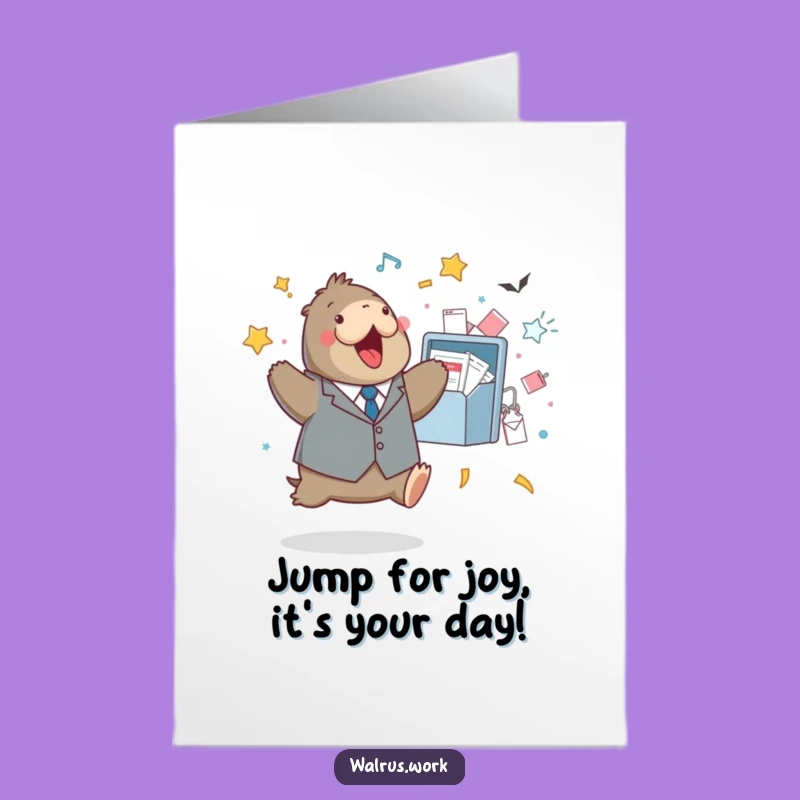 Free Printable Birthday Card: Walrus Office Jump Funny Downloadable Gift