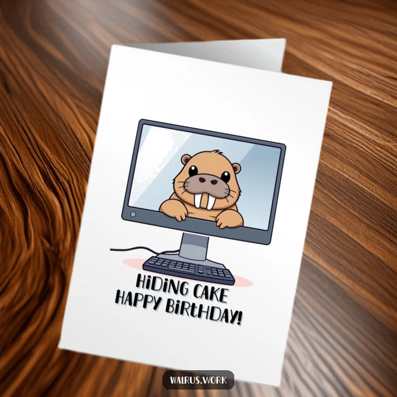 Funny Free Printable Birthday Card: A walrus peeks curiously from behind a large computer monitor, wishing happy birthday.