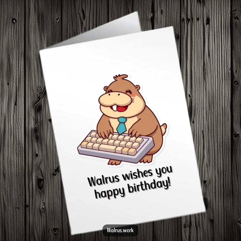 Funny Free Printable Birthday Card: Smiling walrus in a tiny tie furiously types on a comically huge keyboard, birthday wishes.