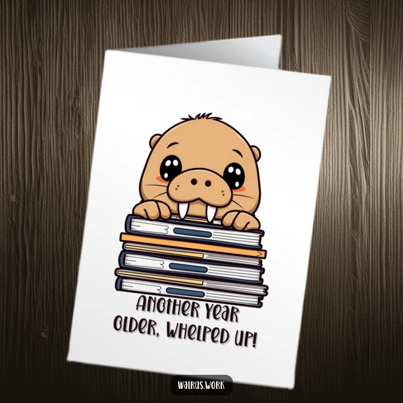 Funny Free Printable Birthday Card: Curious walrus with wide eyes peeking over office files, offering a birthday surprise.