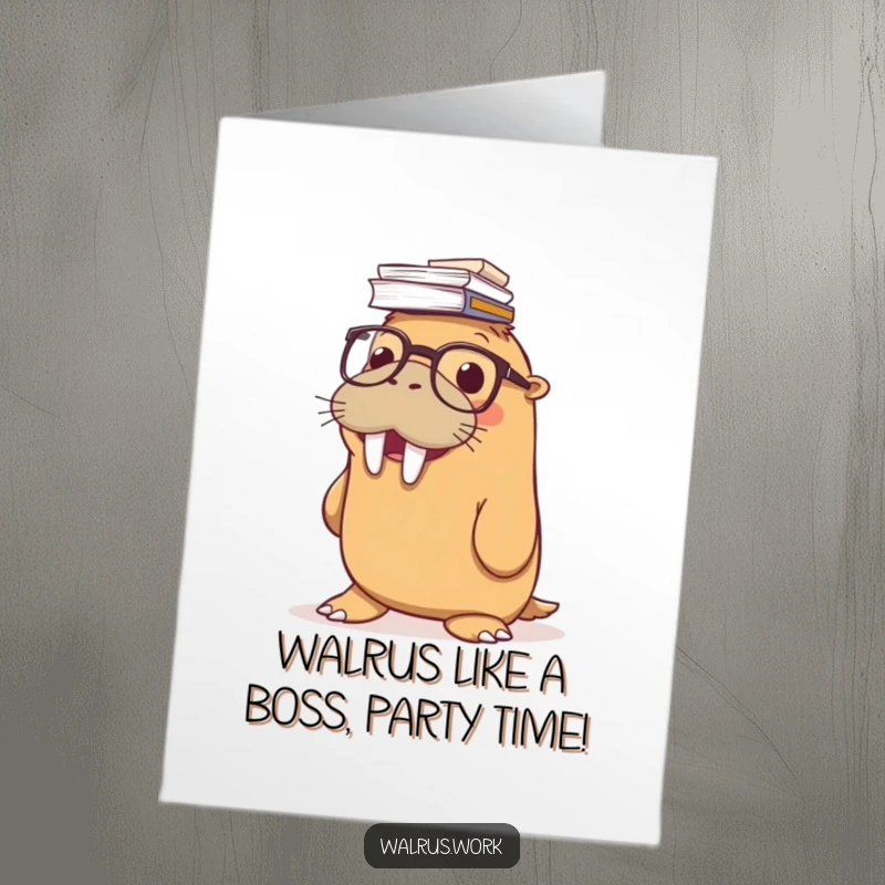 Funny Free Printable Walrus Birthday Card: Spectacled walrus stacks papers on nose, grinning widely, wearing glasses.
