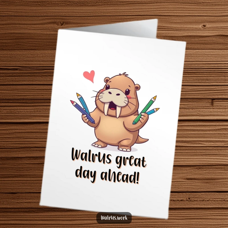 Funny Free Printable Walrus Birthday Card showing a happy walrus juggling colorful pens, perfect for a quirky celebration.
