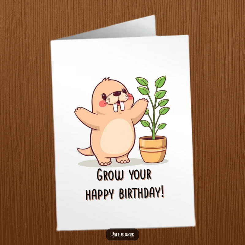 Funny Free Printable Birthday Card: A kawaii walrus does a little happy dance next to a potted plant, spreading birthday cheer.