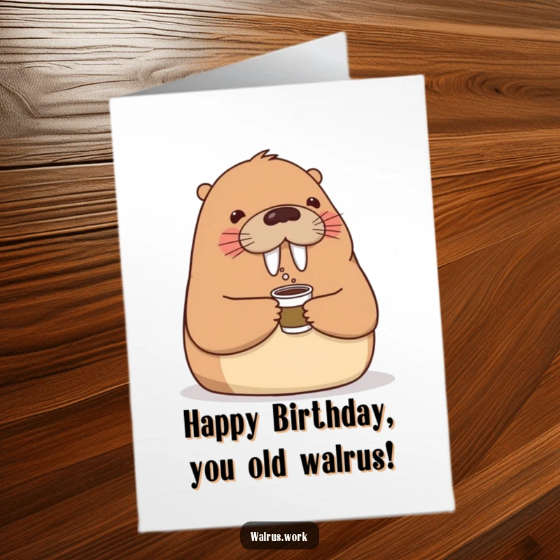 Funny Free Printable Birthday Card: A friendly walrus offers a tiny coffee cup to a colleague with a warm nod.