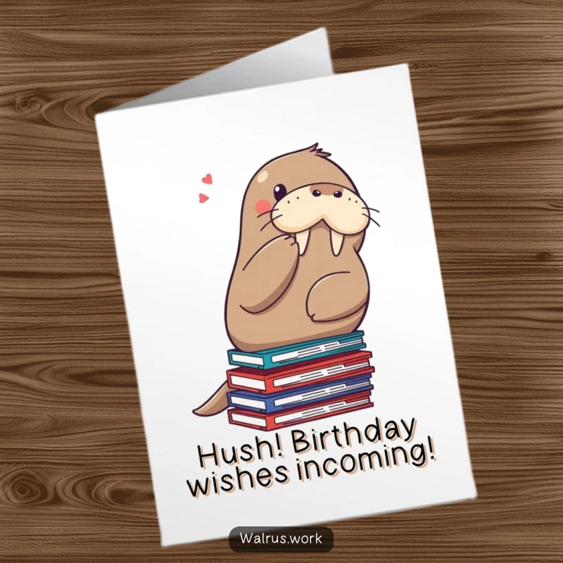 Funny Free Printable Birthday Card: Walrus shushing on files, a hilarious office humor downloadable gift for birthdays.