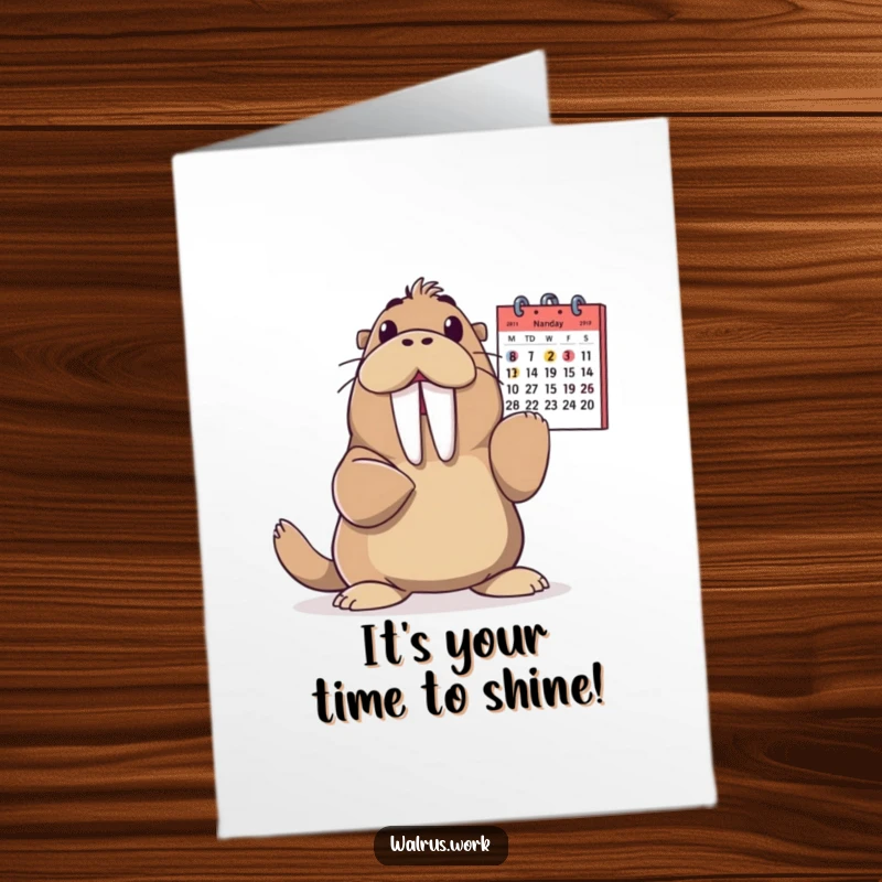 Funny Free Printable Birthday Card: A walrus joyfully points at a calendar, highlighting the big day with excitement.
