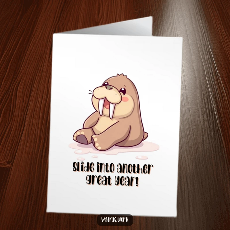 Funny Free Printable Birthday Card: A happy walrus slides gleefully across a shiny floor, celebrating with pure joy and laughter.