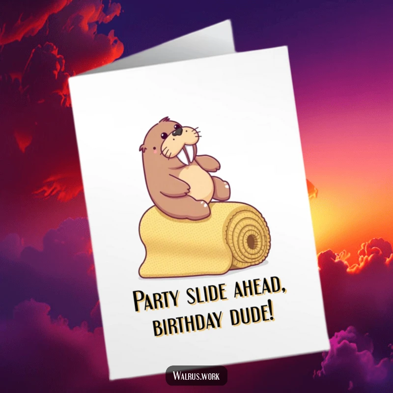 Funny Free Printable Birthday Card: Walrus gleefully sliding down a bannister made of a rolled-up office carpet.
