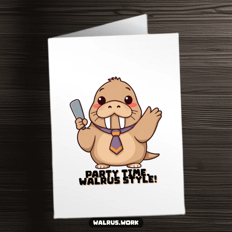 Funny Free Printable Birthday Card: A walrus in a tiny, askew tie confidently gestures, wishing a happy birthday.