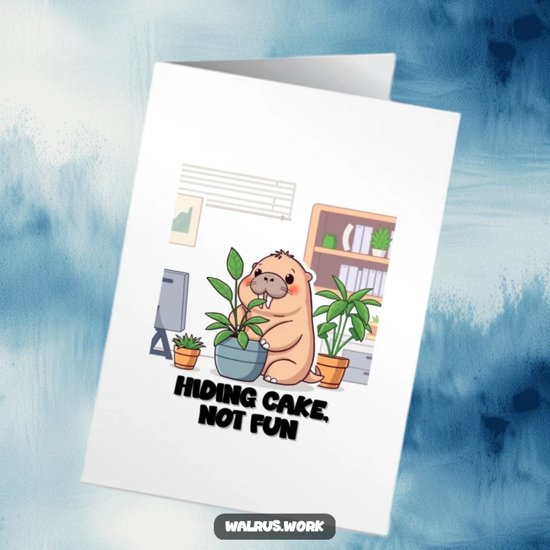 Funny Free Printable Birthday Card: A walrus playfully peeks from behind an office potted plant, ready for birthday fun.