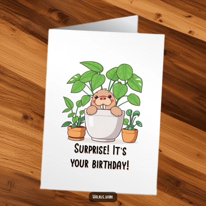 Funny Free Printable Walrus Birthday Card: Curious walrus peeking playfully from behind a large office potted plant.
