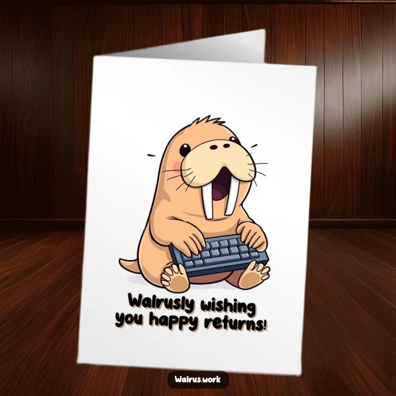 Funny Free Printable Birthday Card: Excited walrus typing furiously on a tiny keyboard, ready for a birthday bash.