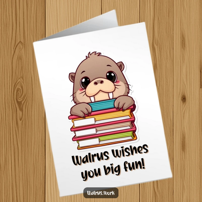 Funny Free Printable Birthday Card: Curious walrus with big eyes peeking from behind office folders.