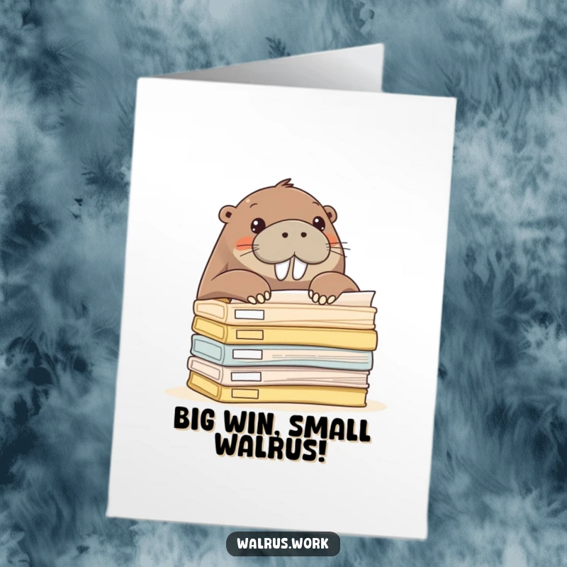 Funny Free Printable Congratulations Card: Walrus peeking curiously over a daunting stack of office folders.