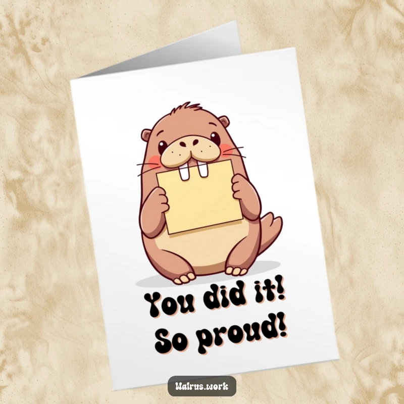 Funny Free Printable Congrats Card: Walrus enthusiastically presents a brightly colored sticky note, a cheerful downloadable congratulation.