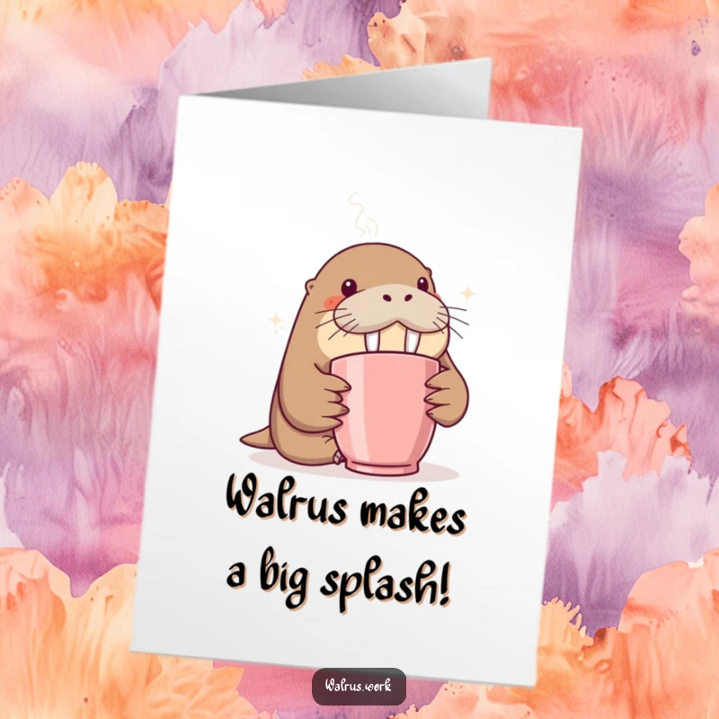 Funny free printable congratulations card: a walrus curiously sniffing a steaming coffee mug, celebrating a great achievement.