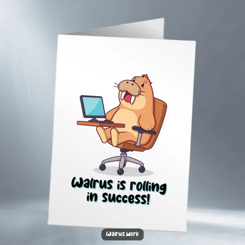 Funny free printable congratulations card: a walrus joyfully riding an office chair, symbolizing a speedy success.