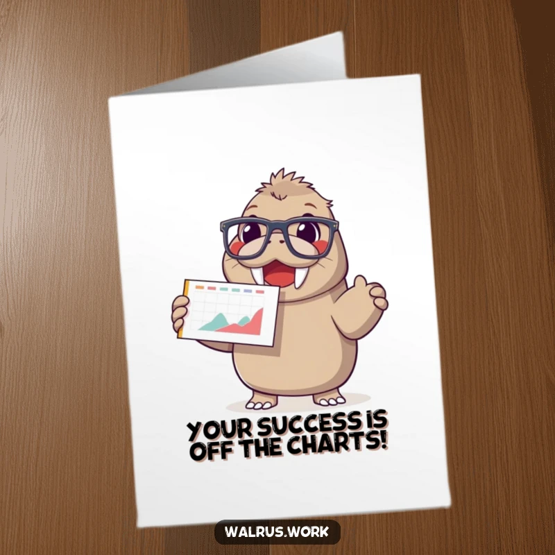 Funny Free Printable Congratulations Card: Happy walrus with big glasses proudly presents a smiling face chart.