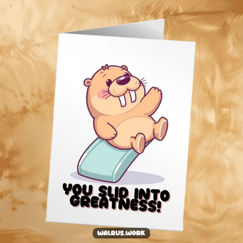 Funny Free Printable Congratulations Card: A delighted walrus slides down an office slide, celebrating success with pure joy.
