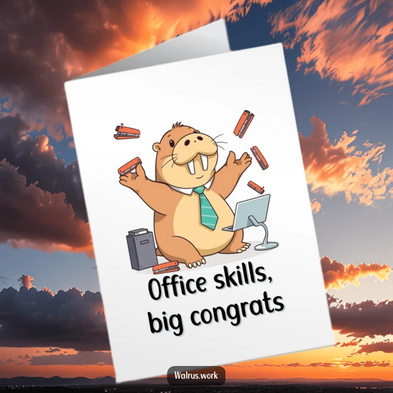 Funny Free Printable Congratulations Card: Walrus in Tiny Tie Juggling Staplers with Flair, Office Success Art