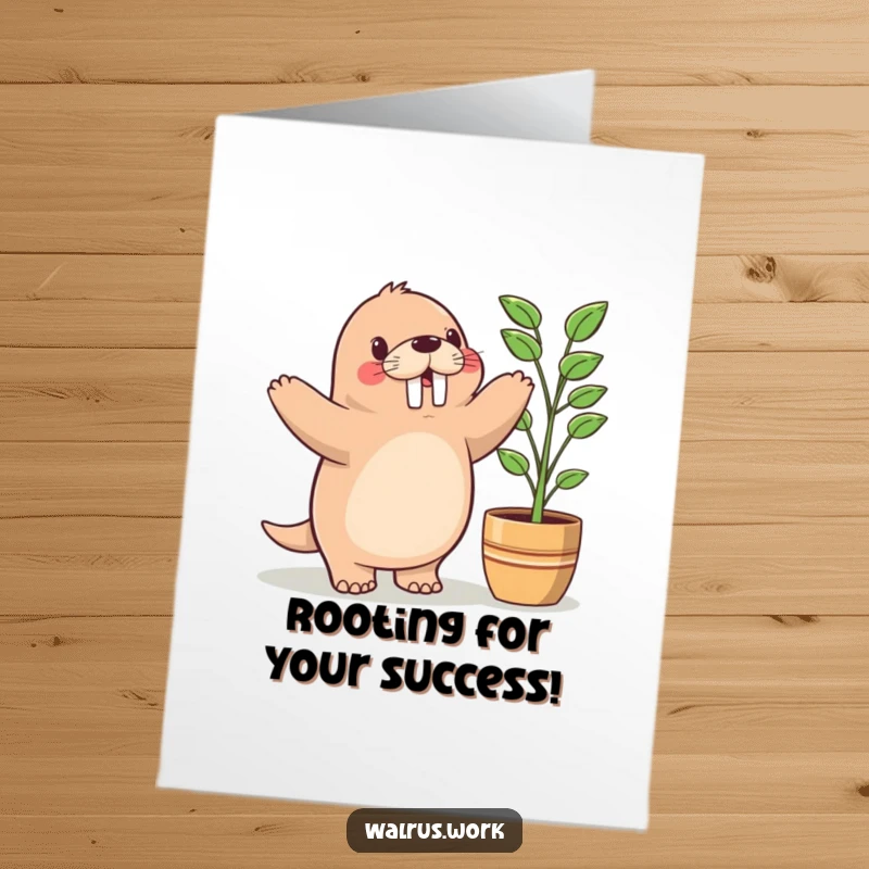 Funny Free Printable Congratulations Card: A kawaii walrus happily dances next to a plant, celebrating a big achievement.