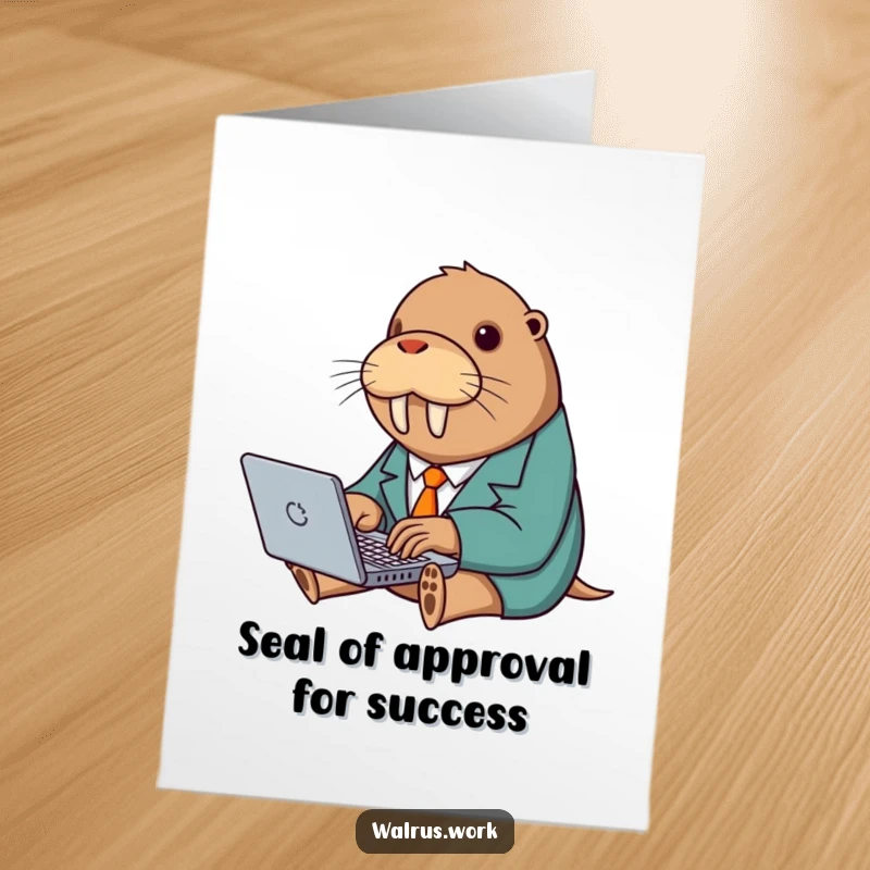 Funny Free Printable Congratulations Card: Walrus in Tiny Suit Typing Eagerly on Laptop, Business Achievement Art