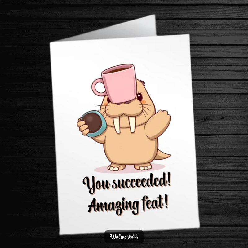Funny Free Printable Congratulations Card: A celebratory walrus precariously balances a coffee mug on its nose, a humorous symbol of accomplishment.