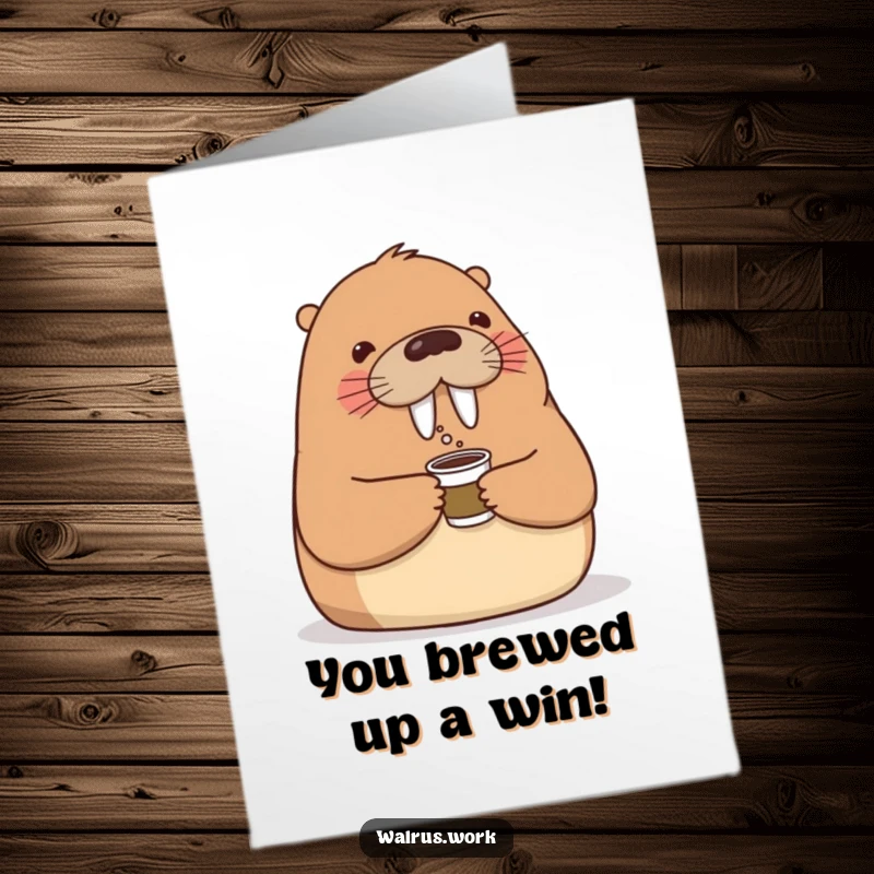 Funny Free Printable Congratulations Card: A cheerful walrus offers a colleague a tiny coffee cup, celebrating their success.