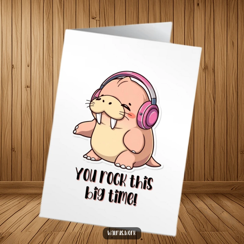 Funny Free Printable Congratulations Card: Walrus DJ with headphones, celebrating success with a happy vibe.