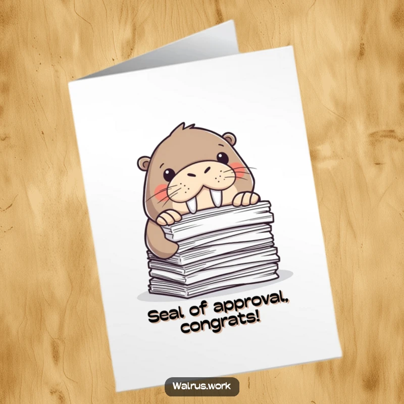 Funny Free Printable Congrats Card: A walrus peeking out from behind piles of documents, office comedy, downloadable art.