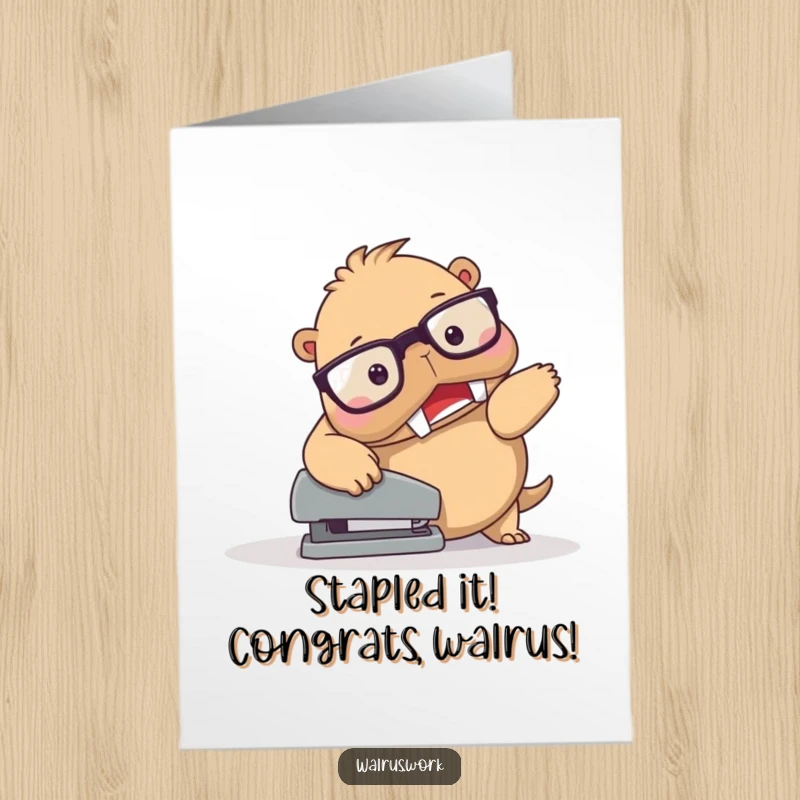 Funny Free Printable walrus with glasses hilariously tripping over a stapler, a funny congratulations.