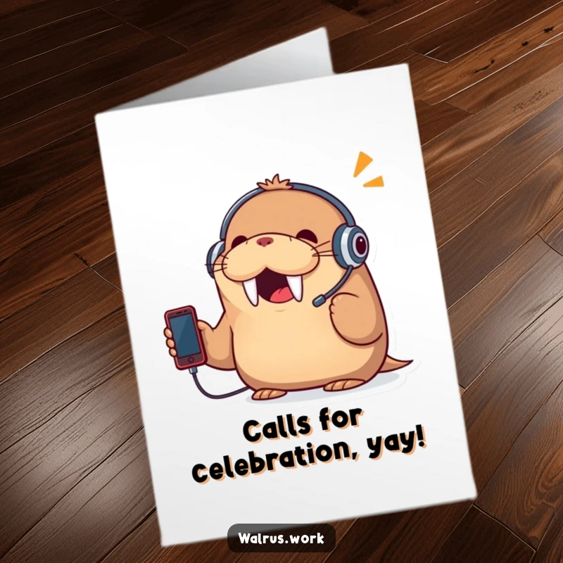 Funny Free Printable Walrus Congratulations Card: Cheerful walrus wearing headset talks on tiny phone, celebrating success.