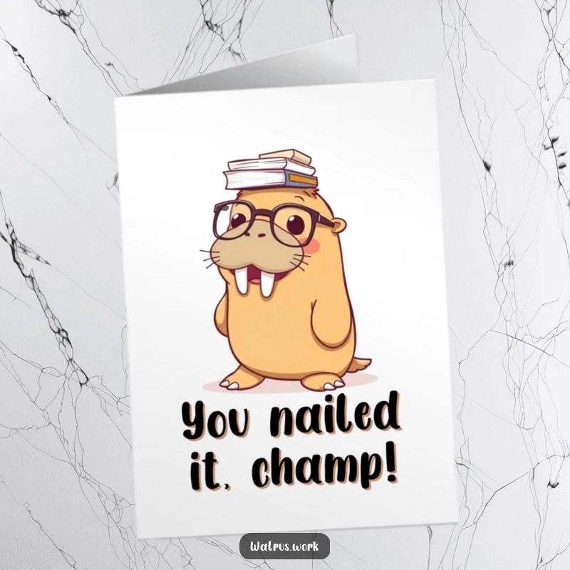 Funny Free Printable Walrus Congratulations Card: Amused walrus with glasses balances papers on nose, celebrating success.