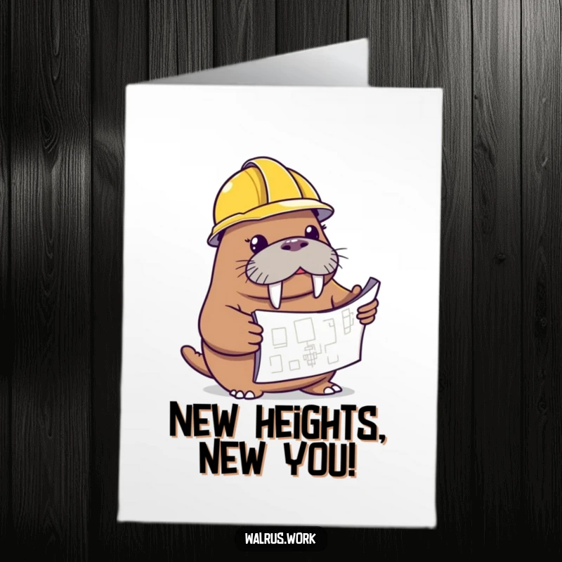 Funny Free Printable Congrats Card: Walrus wearing a hard hat looks intently at a blueprint, celebrating new projects.