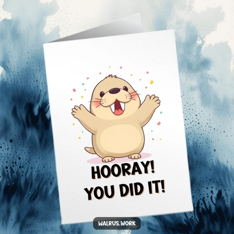 Funny Free Printable Congratulations Card: A cheering walrus covered in confetti, celebrating accomplishments, 'Print at Home' downloadable art.