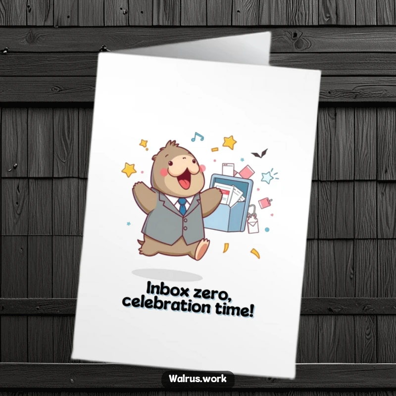Funny Free Printable Congratulations Card: Tiny suited walrus celebrating a jump near a ridiculously overflowing inbox.