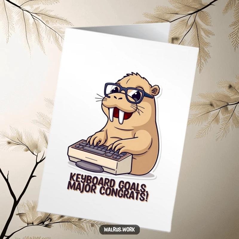 Funny free printable congratulations card: a walrus in glasses types rapidly on a keyboard, celebrating a successful project.
