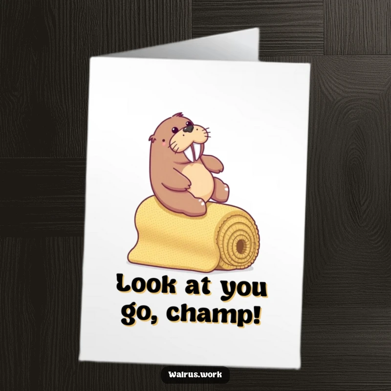 Funny Free Printable Congratulations Card: Walrus joyfully sliding down a carpet bannister, celebrating a big win.