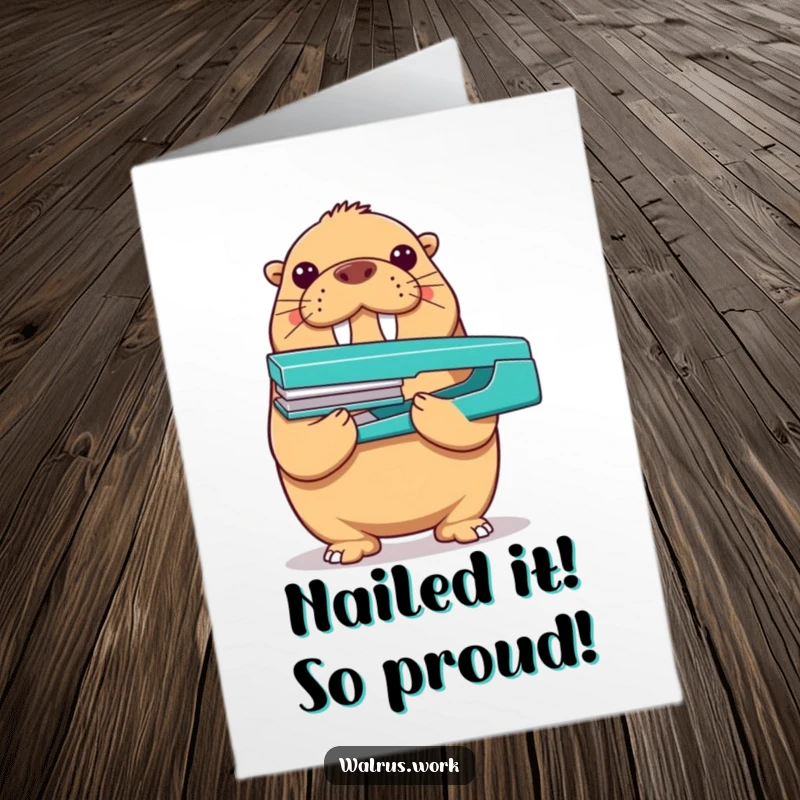 Funny Free Printable Congratulations Card: A proud walrus balancing a stapler on its nose, celebrating a successful milestone.